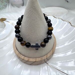 Cross Beaded Bracelet Tiger Eye Hematite Black Stone Stretch Bracelet
